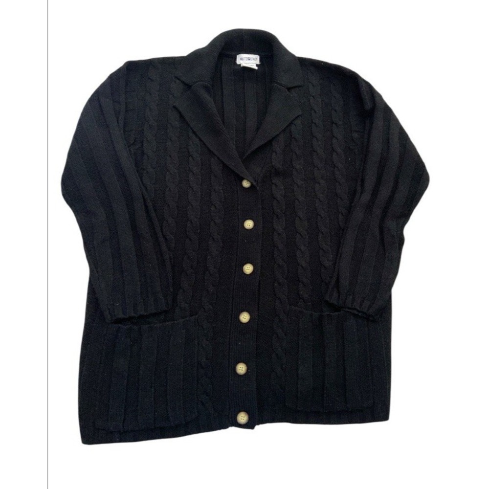 Vintage Black Cable Knit Cardigan Women's Medium Button Fisherman White Stag